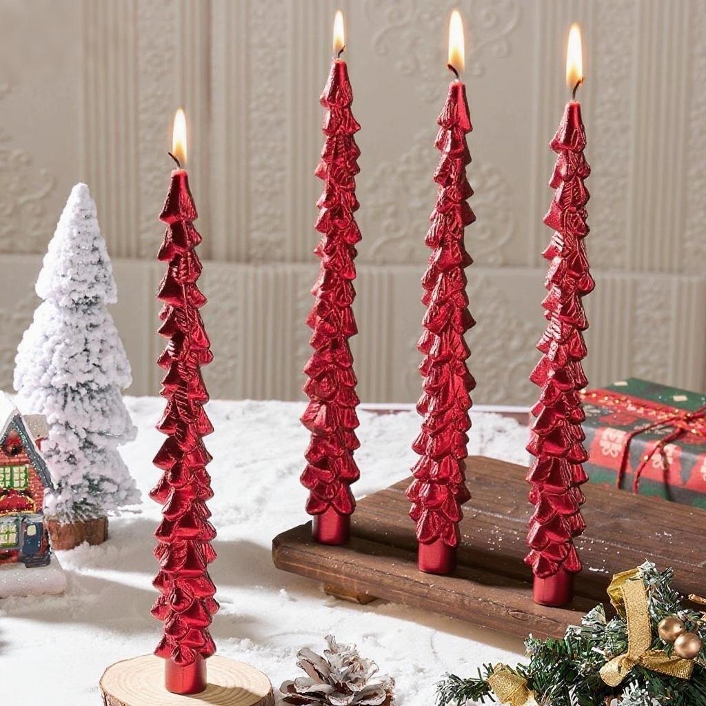 Gold Tree Shaped Taper Candles, Romantic Christmas Decor for Home Table, Holiday Ornament & New Year Gift