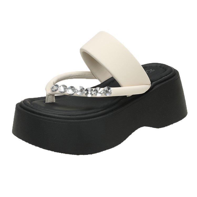 Women's Fashion Hick Soled Summer Wedges Flip Flops Sandals 2025 New Non Slip Rhinestone Slippers Women Soft Bottom Beach Shoes