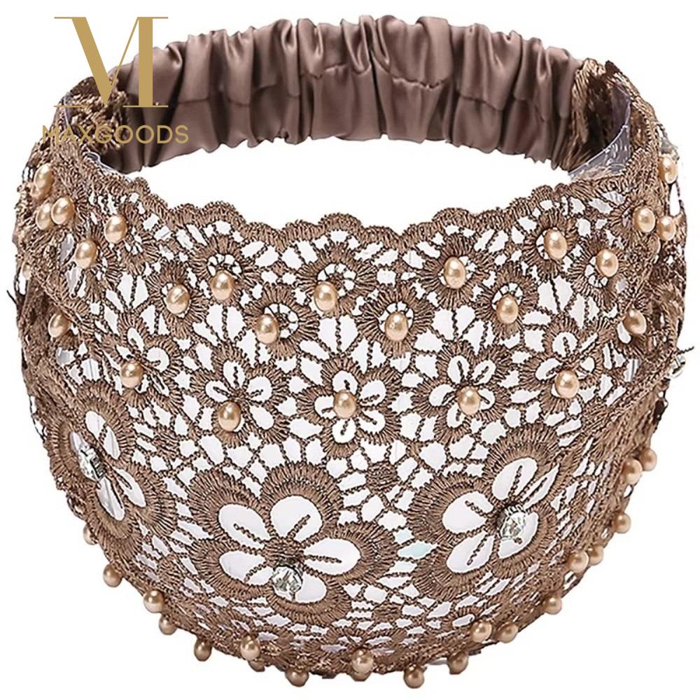 Crystal Pearl Floral Beaded Headbands Lace Hollow Pattern Plum Blossom Headband Stretchy Breathable Baotou Hat Hair Accessories