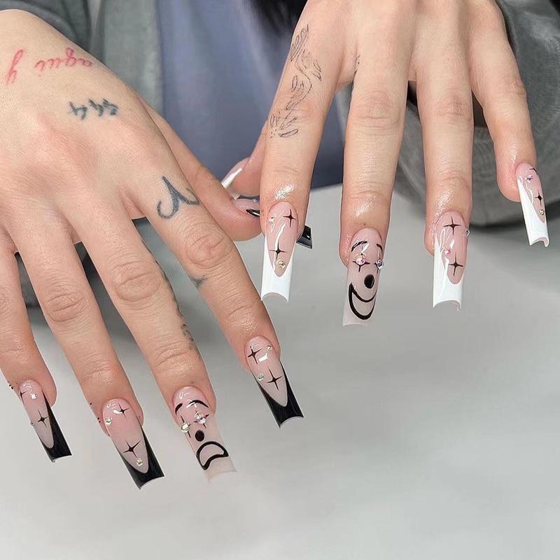 French Black Edge Cartoon Face Nail Stickers with Star Rhinestones JP2390 [Glue Included]