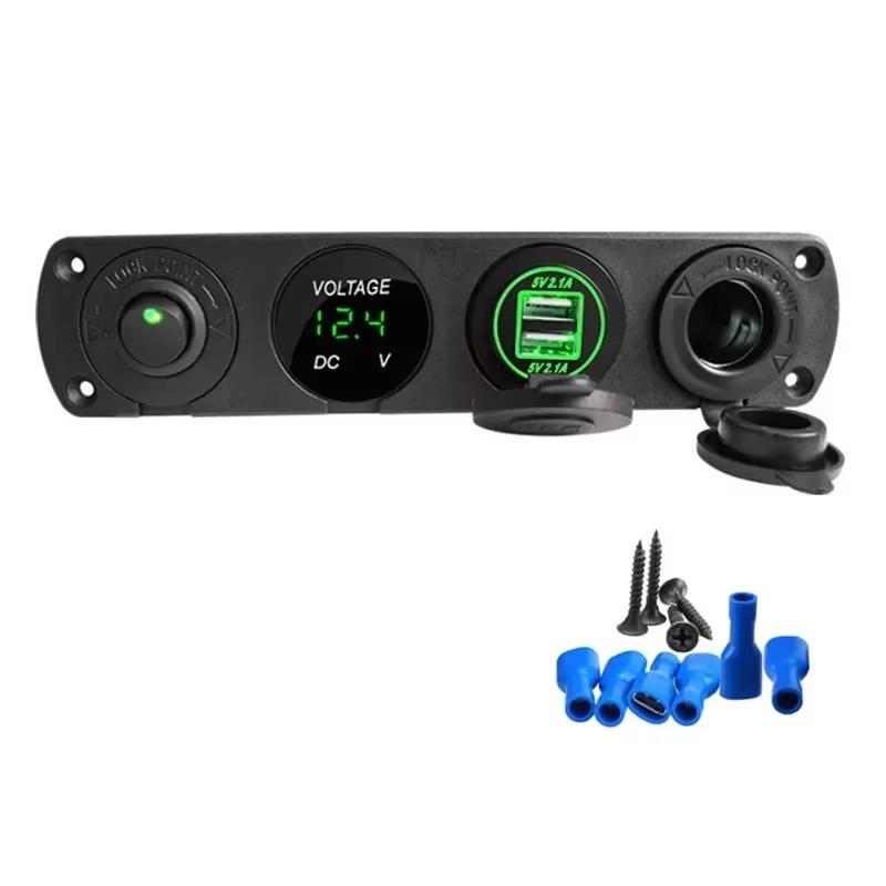 4 in 1 Marine Switch Panel 12V Dual USB Charger Socket Power Outlet LED Voltmeter Cigarette Lighter Socket ON Off Button Switch