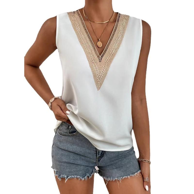 Summer New Lace Shirt V-Neck Pullover Loose Casual Shirt Bottom Sleeveless Vest Women S белый