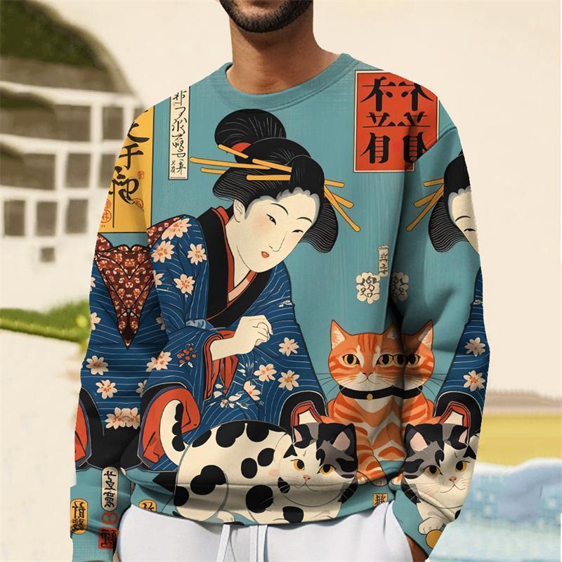 Fashion Japanese Ukiyo-E Graphic Sweatshirt For Men Spring Autumn Trend Long Sleeve 3D Printed Hoodie Casual Streetwear Pullover