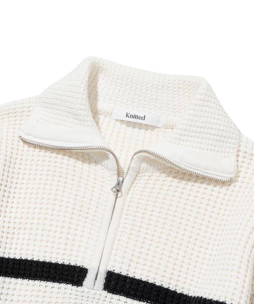 KNITTED Soft Cotton Heavy Waffle Half Zip Knit Stripe Ivory
