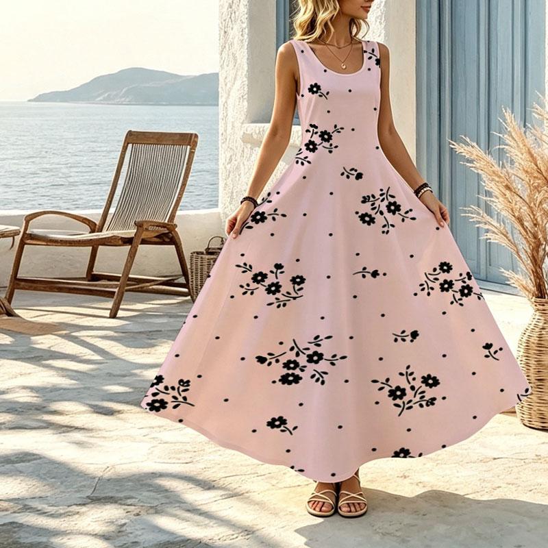 Women's Sleeveless Maxi Dress Simple Floral Polka Dot Collection,Lightweight Flowy Skirt,Fashion Elegant,Perfect for Beach Vacation & Resort Leisure