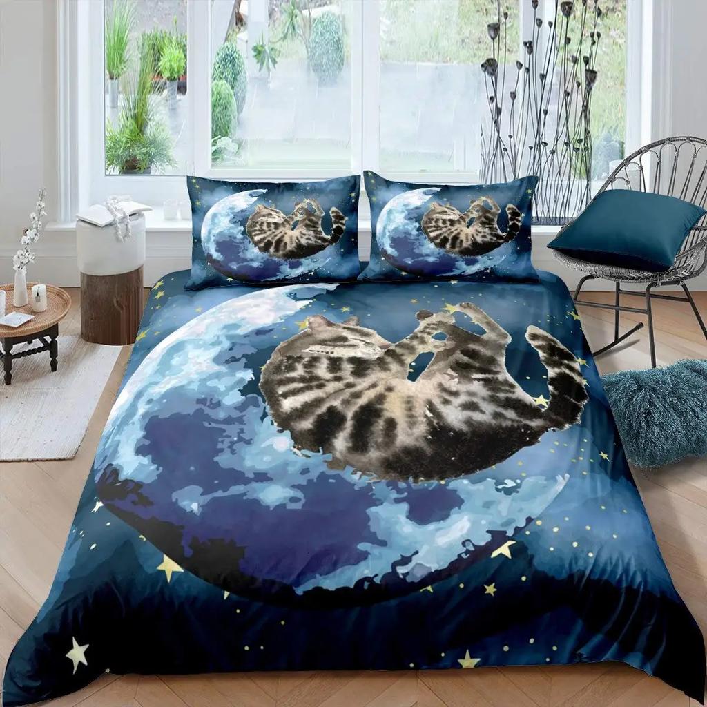 Galaxy Cat Duvet Cover Universe Galaxy for Kids Boy Girl Cute Kitten Printed Outer Space Planets Quilt Cover Bedroom Decorations