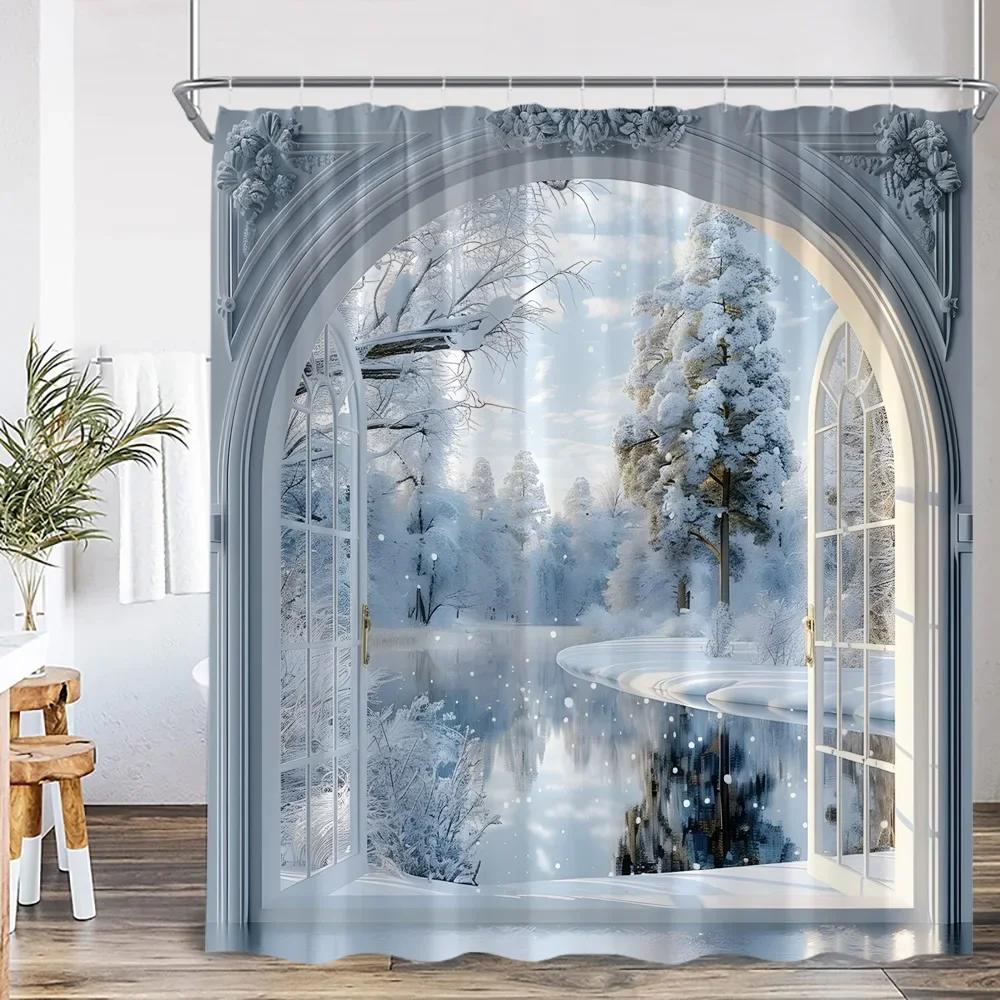 Winter Landscape Shower Curtain Outdoor Snow Scenery Merry Christmas European Style Home Decor Modern Bathroom Bathtub Curtain