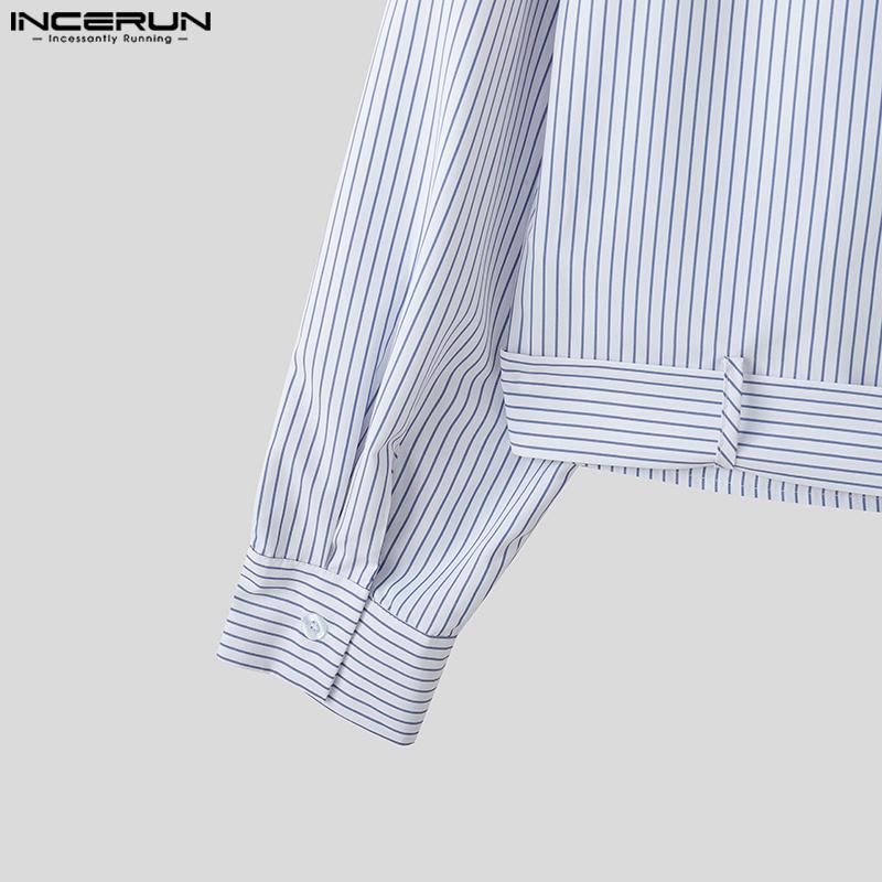 INCERUN Oversized Men Lapel Neck Long Sleeve Striped Print Belt Casual Shirts Tops