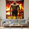 Motor City Action Poster Tapestry Wall Hanging, Burning Car Action Scene Art, Urban Wall Decor for Bedroom Living Room Man Cave