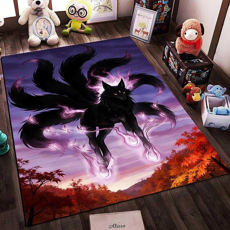 "Black Nine-Tailed Fox Carpet with Mystical Aura and Colorful Sunset" Suitable for Use As an Anti-slip for Living Room Bedroom Sofas