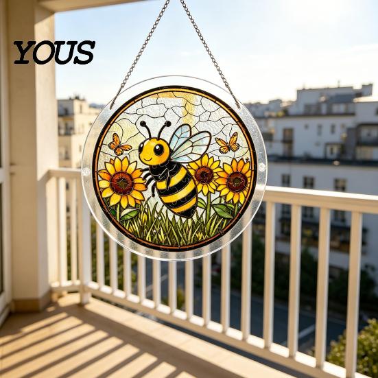 Glass Wind Chime Effect Acrylic Puzzle Suncatcher, Bee Yellow Flower Sun Catchers for Window Hanging, 7.48 Inch DIY Collectible Piece Craft