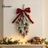 Staircase Handrail Christmas Garland Flocked Teardrop Swag for Front Door, Artificial Pine with Red Decorative Hanging Wreath Wall Berries Velvet Bow,