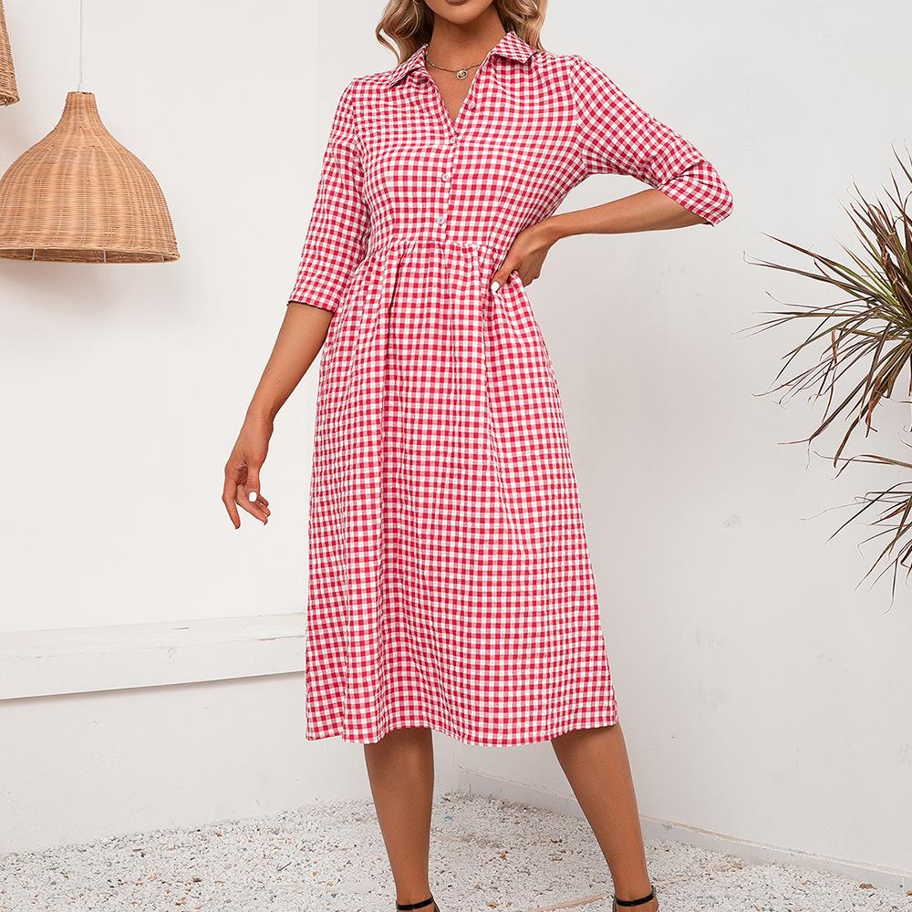 

Loose casual medium and long plaid lapel shirt, dress, women XL червоний