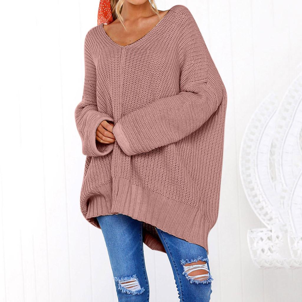 Fashion Women Casual Solid Long Sleeve Jumper V-Neck Lazy Loose Sweater Blouse