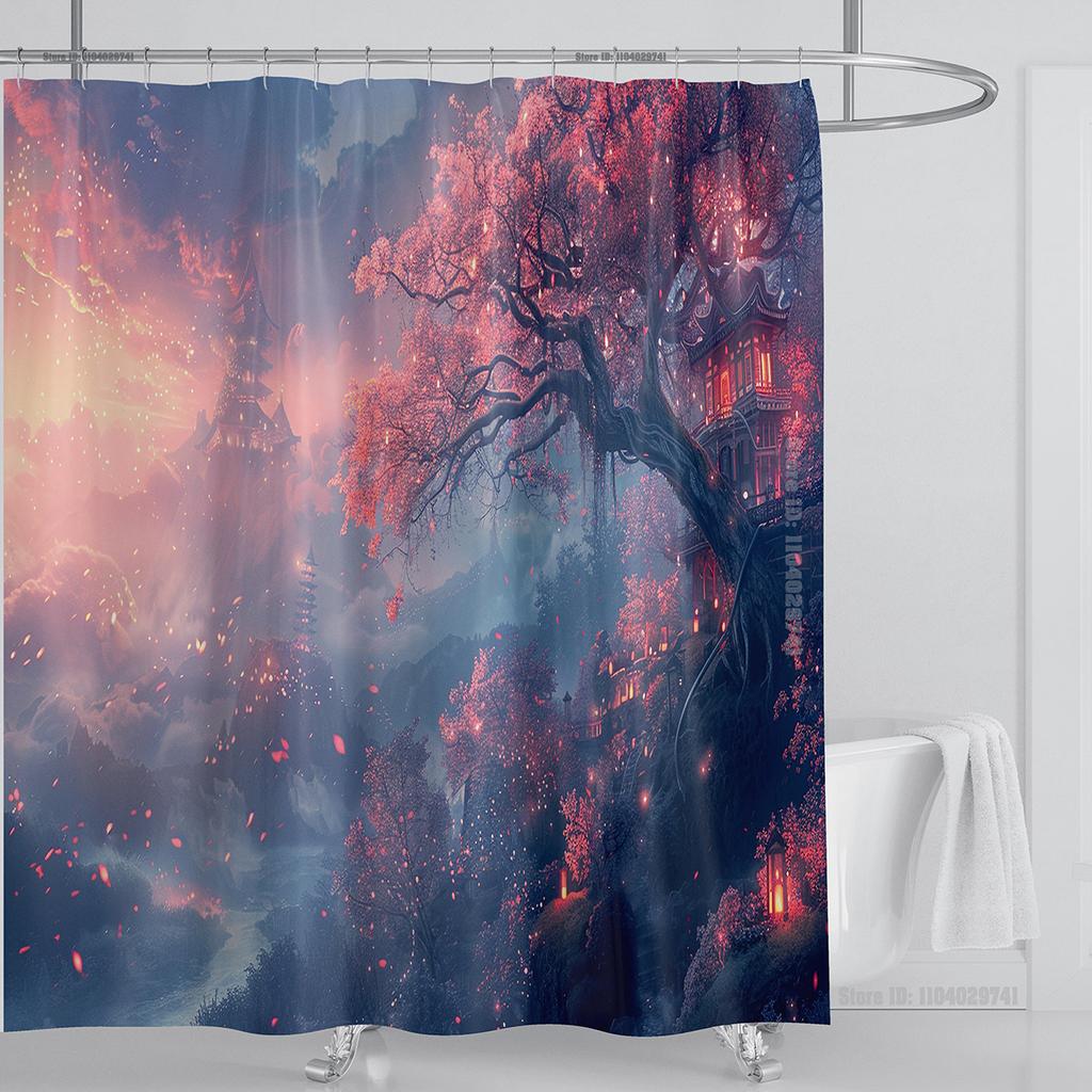 Illustration Japanese Chinese Style Art Print Polyester Washable Waterproof Shower Curtain Bathroom Decoration Bathtub With Hook