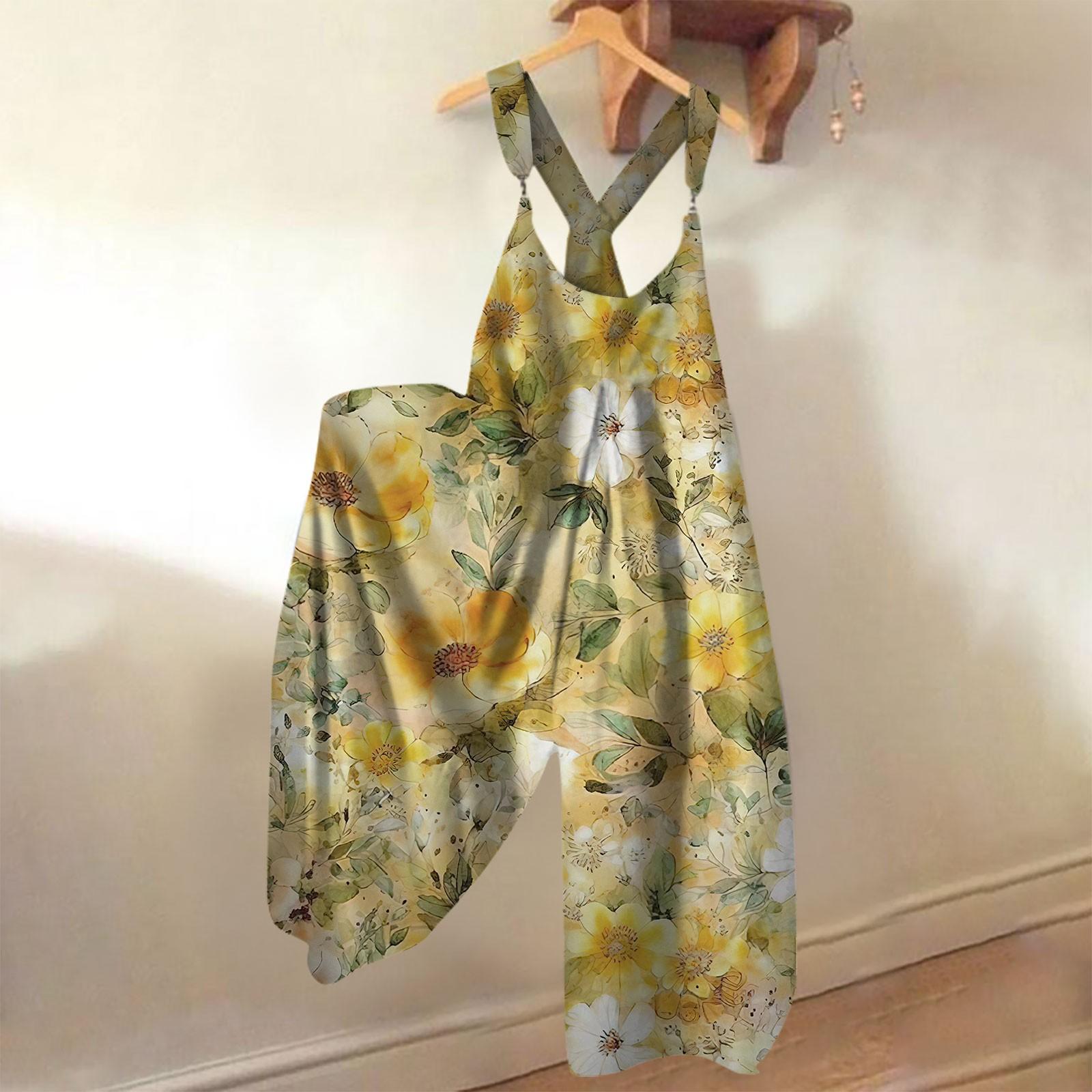 

Широкие комбинезоны для женщин, повседневные свободные комбинезоны без рукавов, ретро-принт, металлические пуговицы, длинные брюки, комбинезон с карманами XL жёлтый