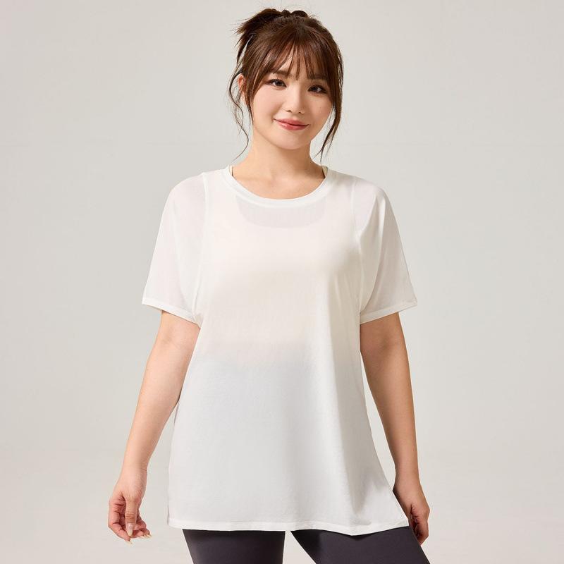 Large size sports yoga clothes, short tops, loose round neck mesh stitching, quick-drying beauty back, short-sleeved fitness clothes. L