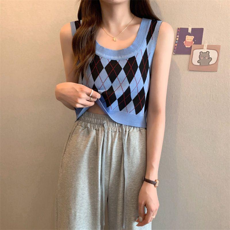 Summer Knitted Argyle Versatile Short Camisole Tank Women's Slim Outerwear Inner Top