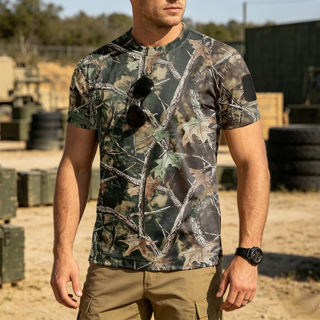 Men's Tactical Short Sleeve T Shirt Loose Fit Breathable Quick Dry Outdoor Sports Tee with Hook and Loop Patch Area