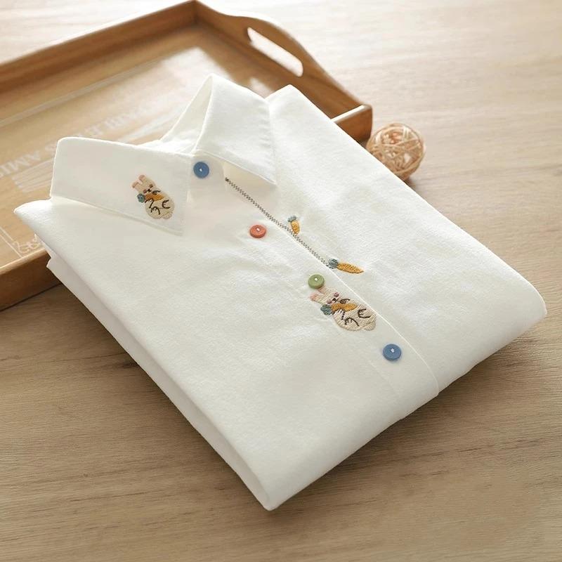 Spring Artistic Fresh Rabbit Embroidered White Long Sleeve Women's Shirt Student Versatile Button