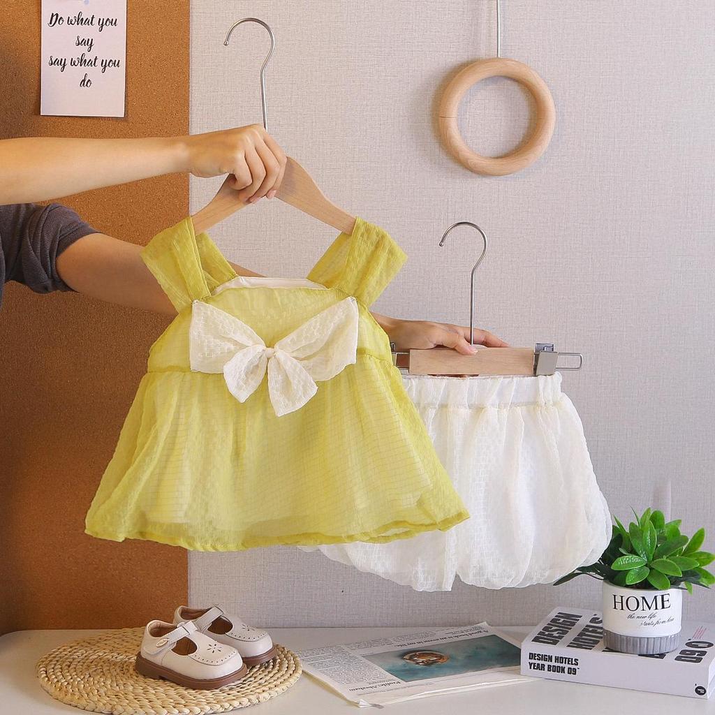 Girls' Summer Big Bow Tulle Skirt Two-Piece Set - Casual Summer Outfit for Baby Girls