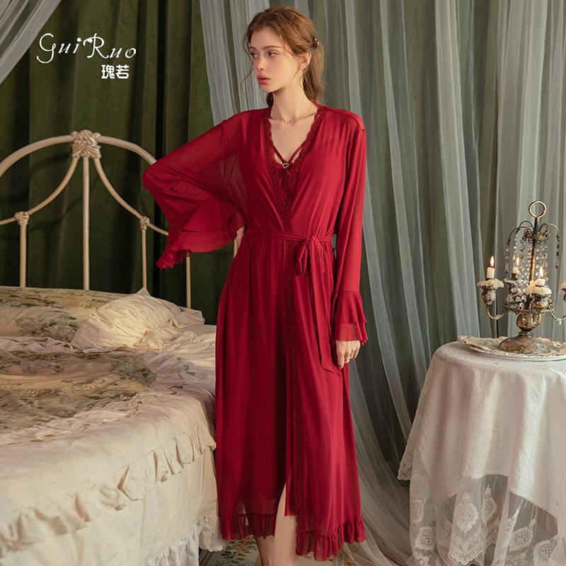 Women's Sheer Lingerie Low Cut Bow Mesh Sleep Dress with Robe Set