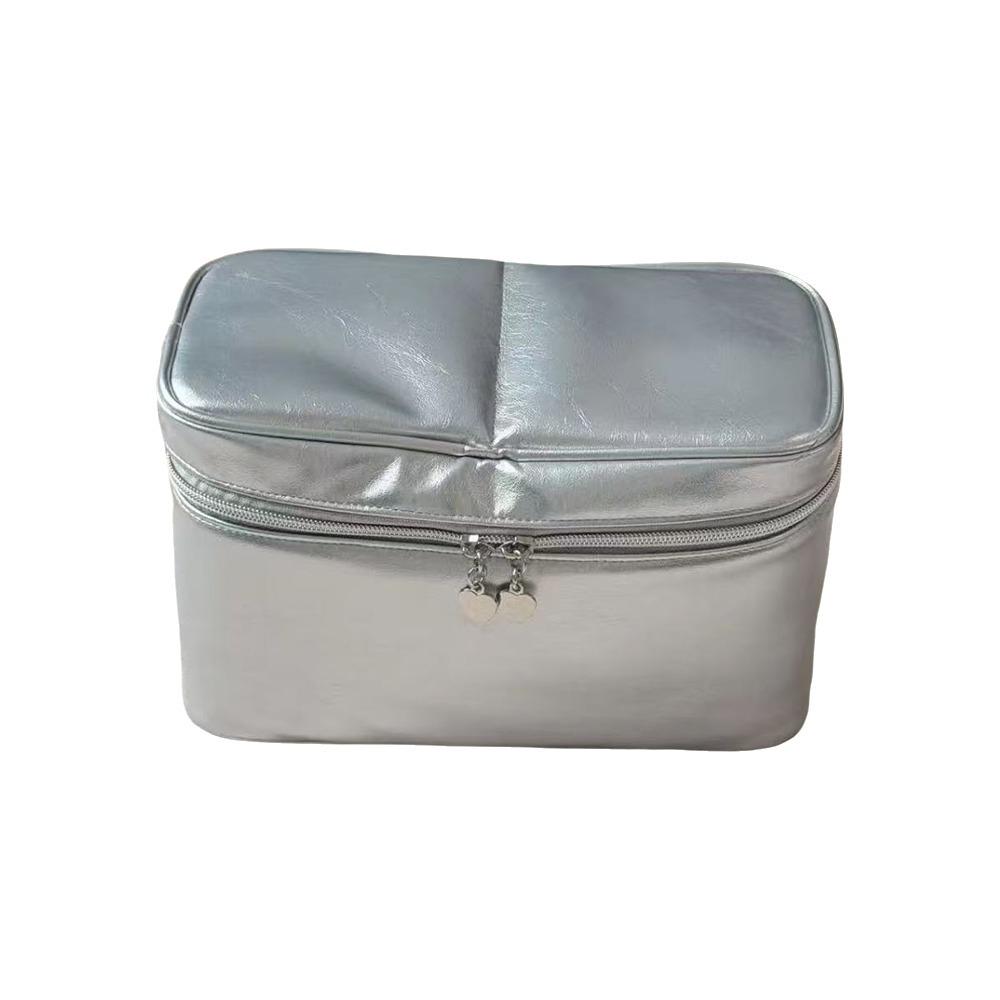 Large Capacity Silver Makeup Bag PU Leather Cosmetic Storage Pouch  Beautician 23x10x12cm