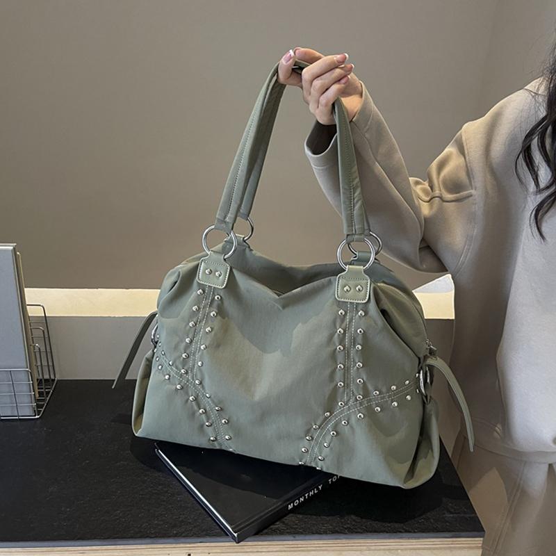 Fashionable Nylon Rivet Underarm Tote Bag Women's Large Capacity Shoulder Commuter Bag Autumn Trend Pure Color Bags Handbag KTB