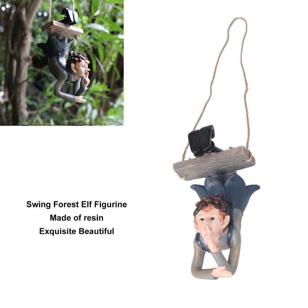 Brown Swinging Elf Figurine Resin Resin Garden Statue Outdoor Elf Sculpture  For Patio