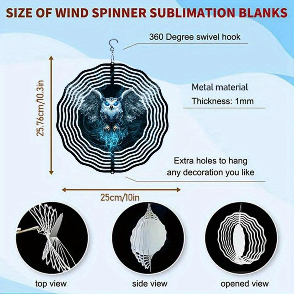 3D Hanging Garden Wind Chime Metal Wind Spinner with Ice Blue Phantom Owl Pattern for Outdoor Yard Decoration No Power Required