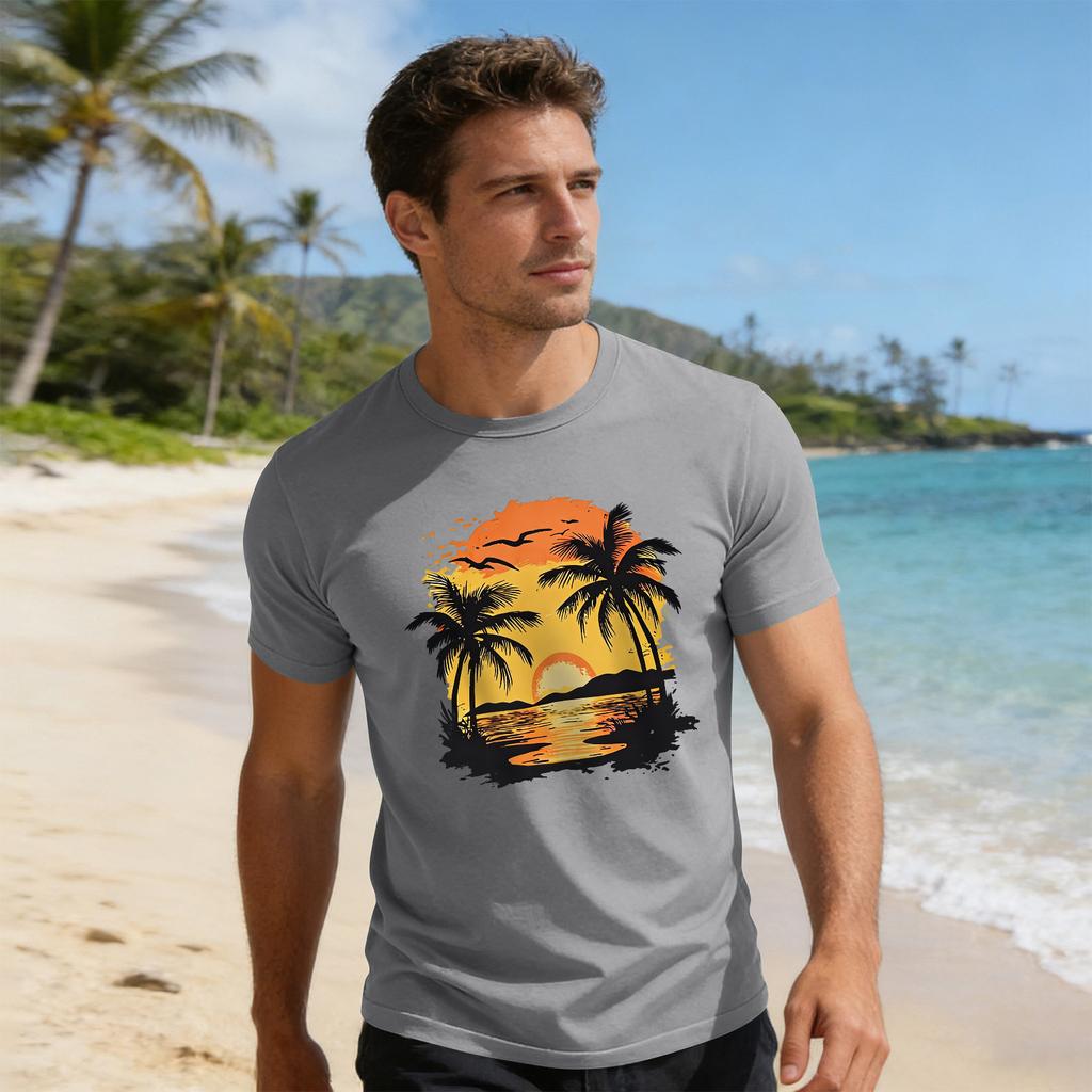 Top Masculino Estampa de Férias Gola Redonda Manga Curta Casual Esportivo