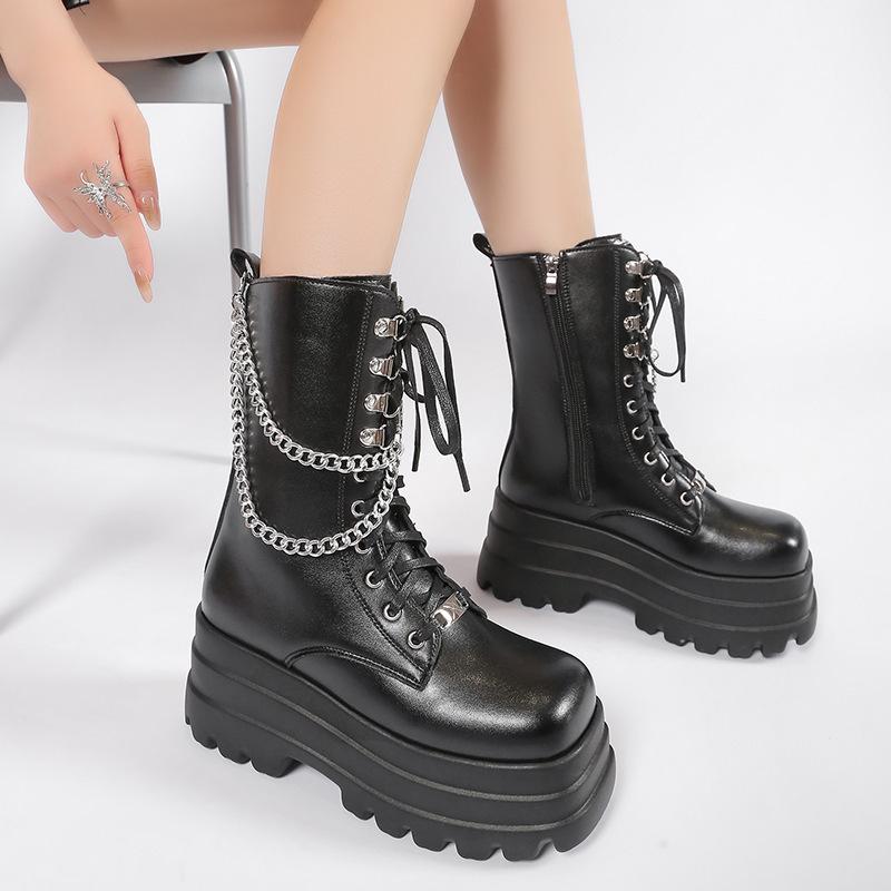 Women'S Plus Size 42 43 High Boots Fashion Platform Sole Comfortable Side Zipper Design Chunky Heel Chain Details Mid Calf Boots