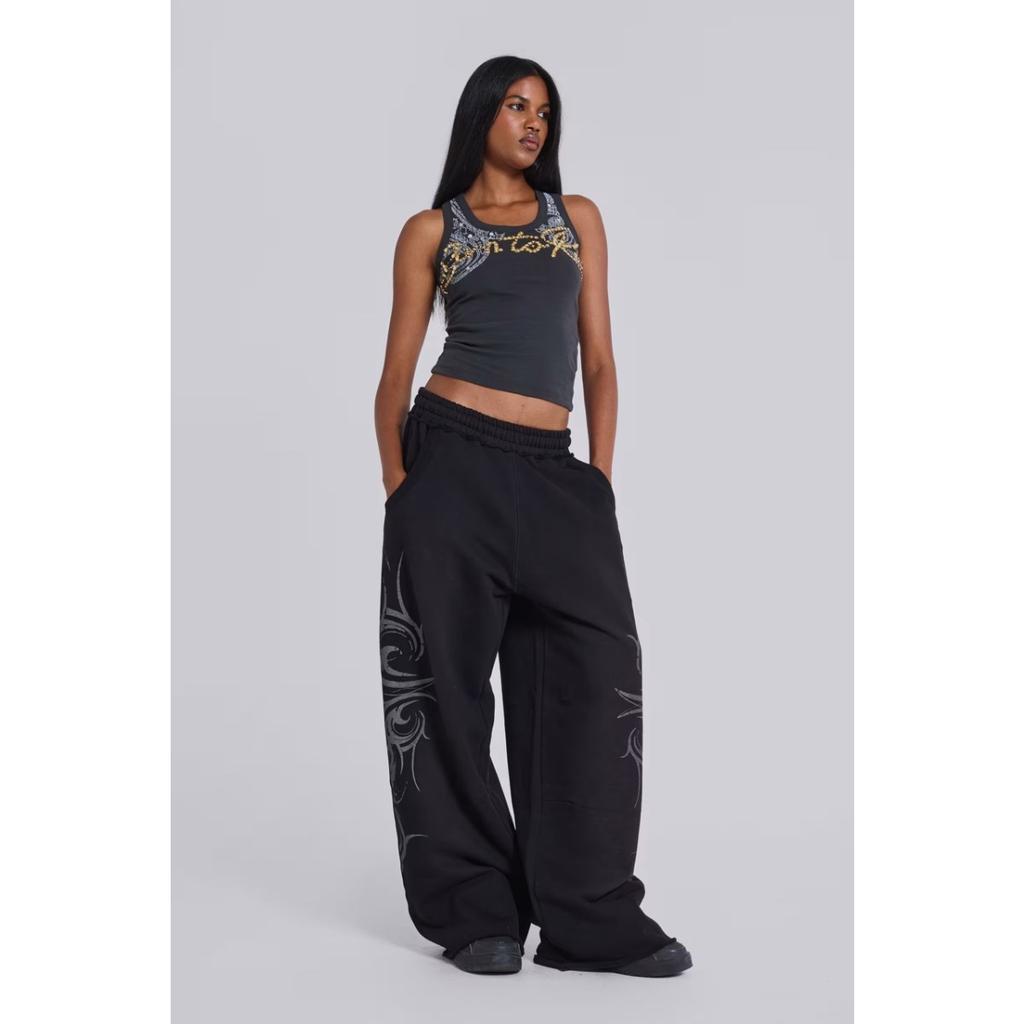 Gray Vintage Graphic Print Pants Wide Leg American Style Jogging Loose Sweatpants Harajuku Hip Hop Streetwear New