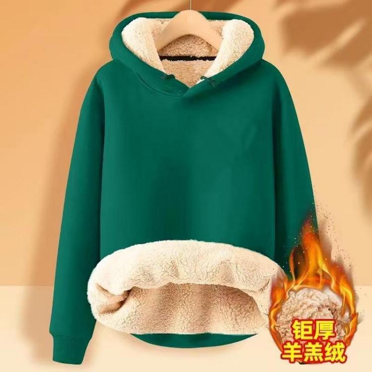 Felpa Larga Invernale da Donna con Pile, Pullover con Cappuccio Ispessito in Peluche d'Agnello, Top Sportivo Casual Monocolore a Manica Lunga, Nuovo