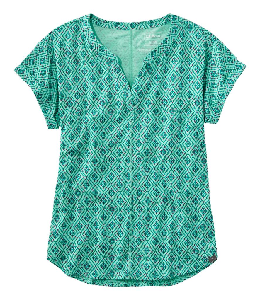 LL Bean Streamside Short Sleeve Split Neck US Fit Faded Jade Geo 1000118343 Women's Tee, Print, Petite, XS, Green,