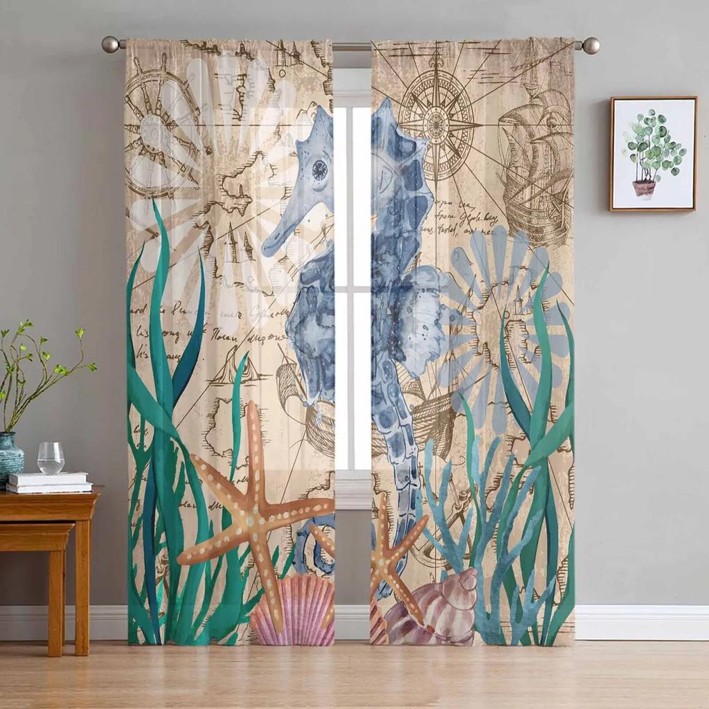 Seahorse Seaweed Starfish Shell Retro Sheer Curtains For Living Room Kitchen Window Curtains Bedroom Tulle Voile Curtains