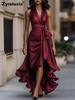 Neues Satin-V-Ausschnitt-Ärmelloses Kleid mit Taillensitz und Blumenmuster, Rüschen, für Damen