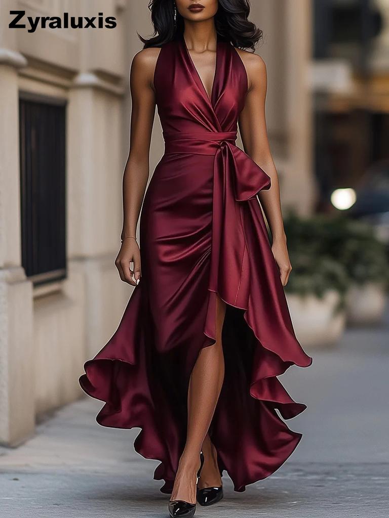 Neues Satin-V-Ausschnitt-Ärmelloses Kleid mit Taillensitz und Blumenmuster, Rüschen, für Damen