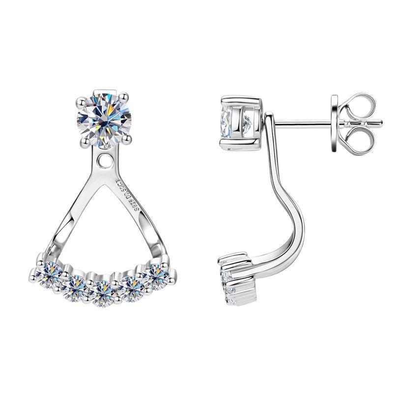 Silvere Glam S925 Sterling Silver Exquisite Back-hanging Moissanite Stud Earrings, A Two-wear Niche Korean Trendy Ear Accessory