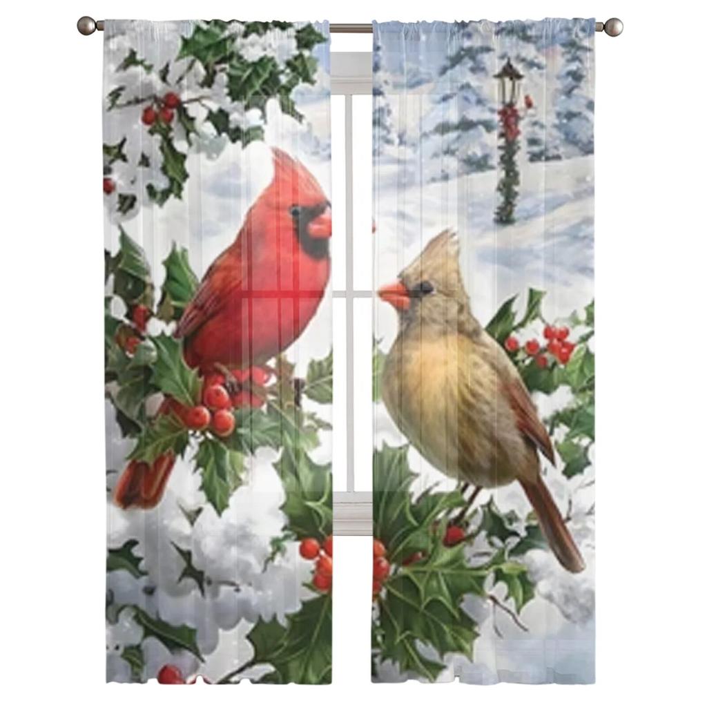 Premium Winter Snow Berry Robin Sheer Curtains Bedroom Voile Curtain Family Space Window Sheer Curtains Cooking Space Tulle Drapes
