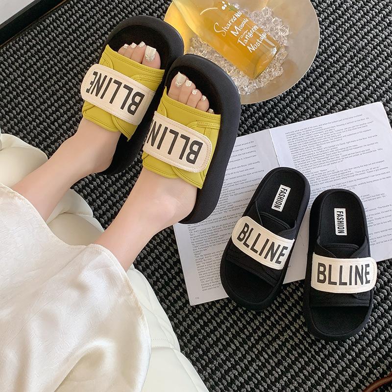 High-value Slippers Women's Summer 2025 Korean Version of Letter Velcro Platform Casual One-word Sandals Outer Slippers Women's Shoes