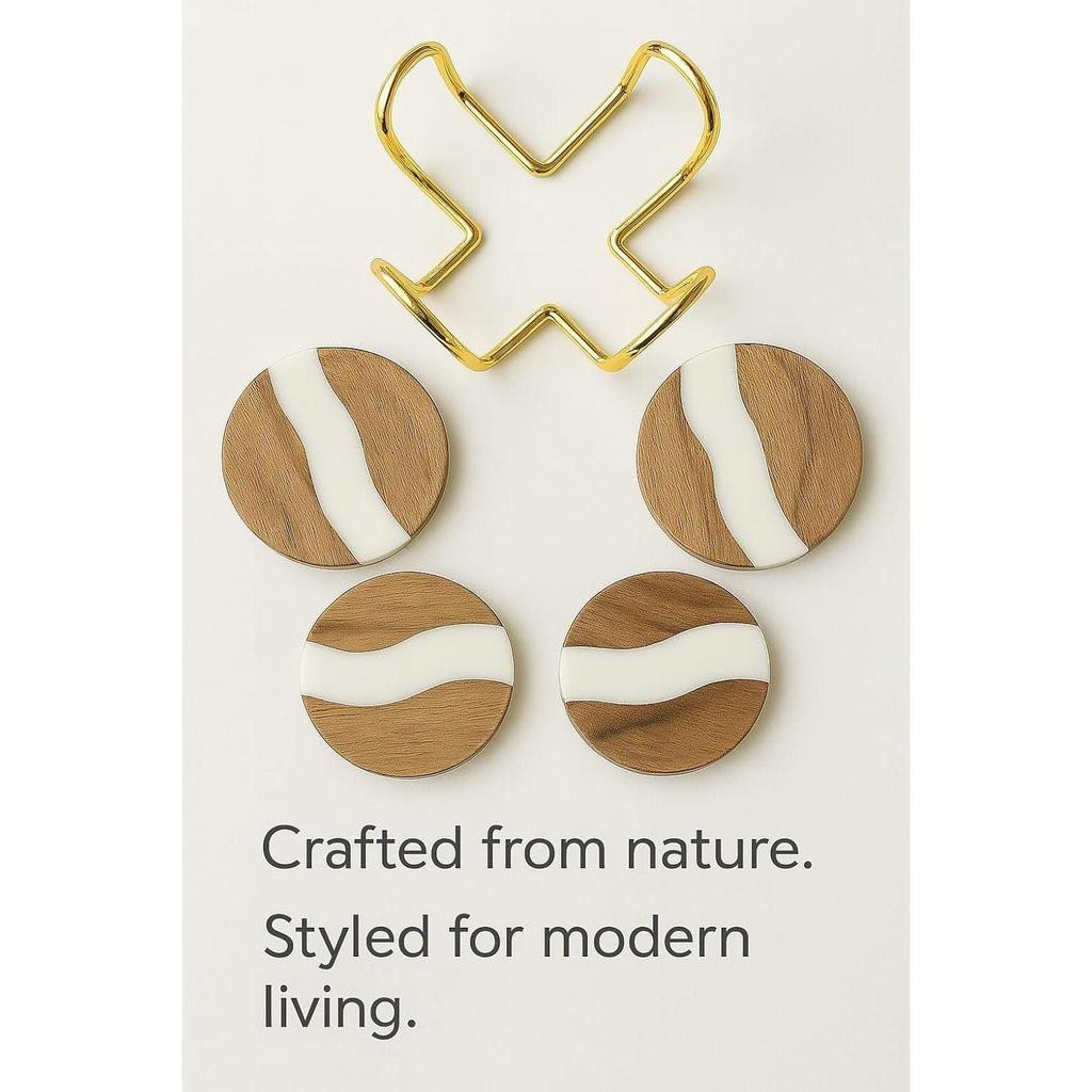 Wooden Coaster Set of 4 for Dining Table – Premium Wood & Resin Drink Coasters with Gold Stand – Stylish Tea Cup, Coffee Mug & Glass Coasters