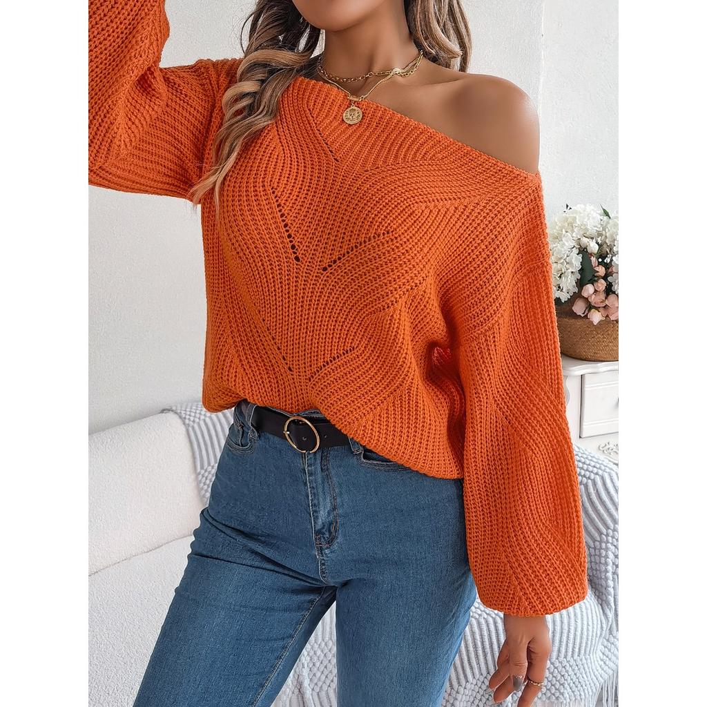Automne et Hiver, Décontracté, Ajouré, Une Épaule Dégagée, Haut, Manches Lanterne, Pull Chaud, Vêtements pour Femmes