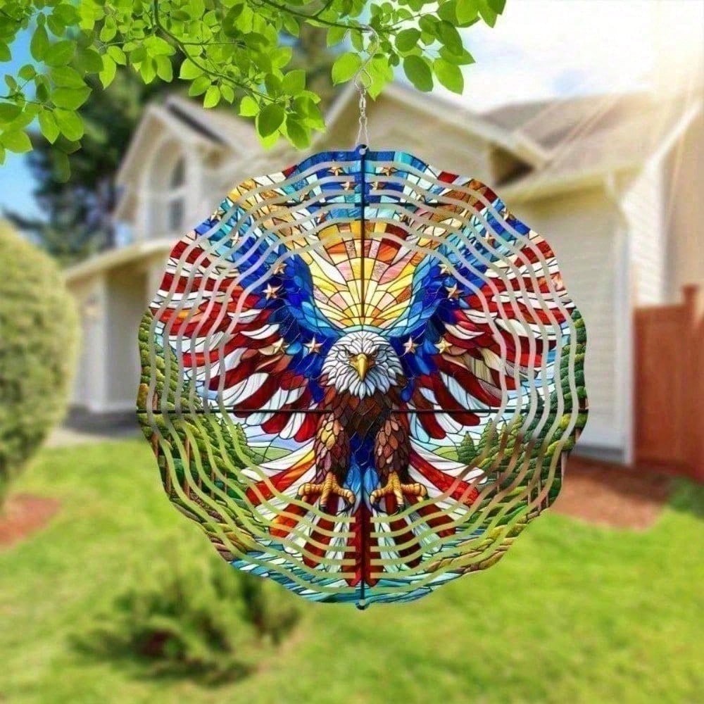 2D Spinning Metal Eagle American Flag Wind Spinner Patriotic Yard Garden Outdoor Decoration Gift
