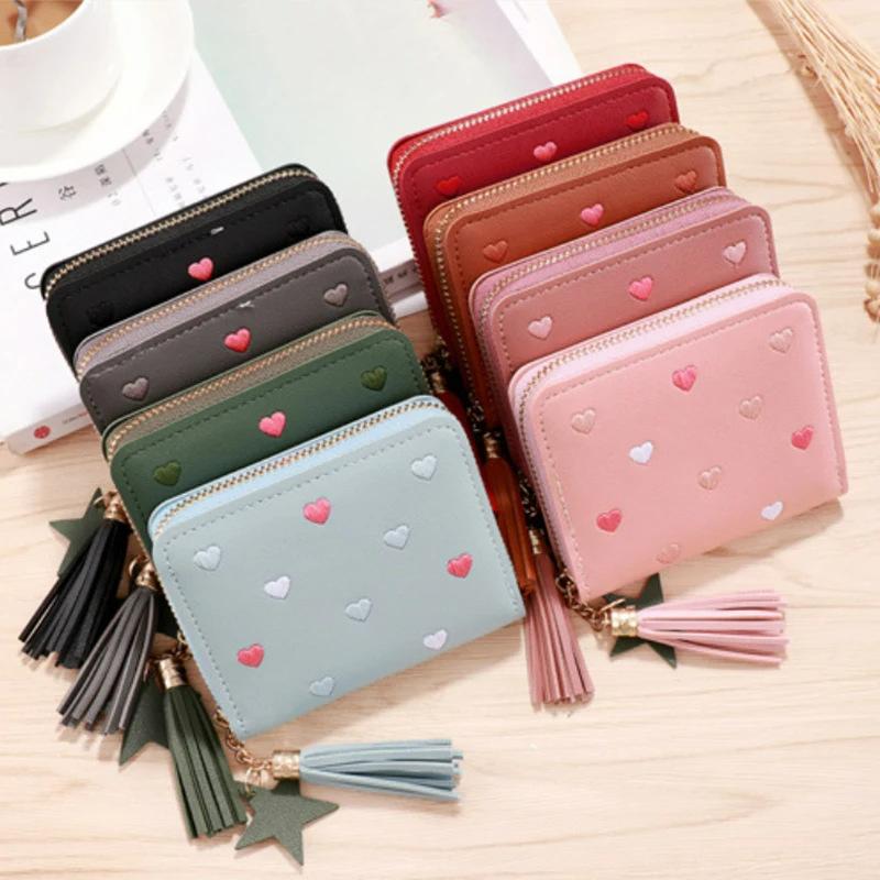 Pu Women Mini Wallet Small Card Bag Ladies Money Clip Love Embroidery Multifunctional Wallet Women Short Certificate Storage Bag