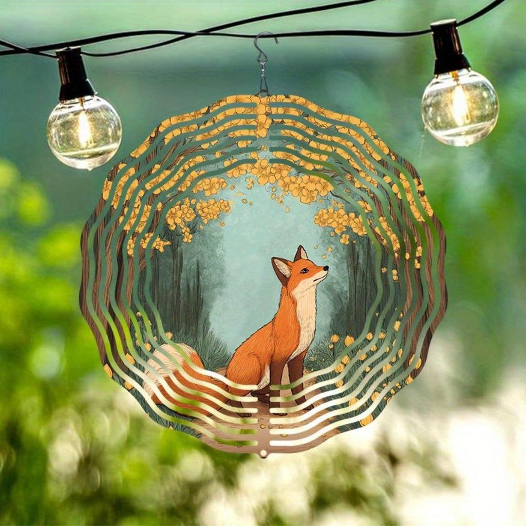 1pc Metal Wind-Operated Rotating Fox & Forest Pathway Wind Chime - Solid & Durable Outdoor Decor for Patio, Balcony, Window - Colorful Leaves Design