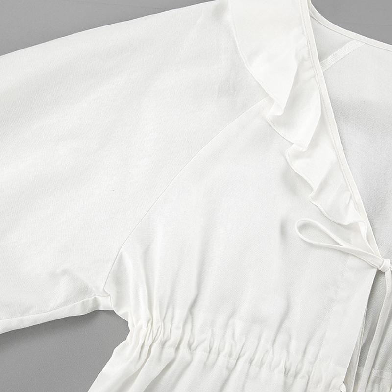 Women's Casual White Shorts Set Fashionable V-neck Bow Long Sleeve Shirt Set Loose Casual High Street Shorts 2-piece Set