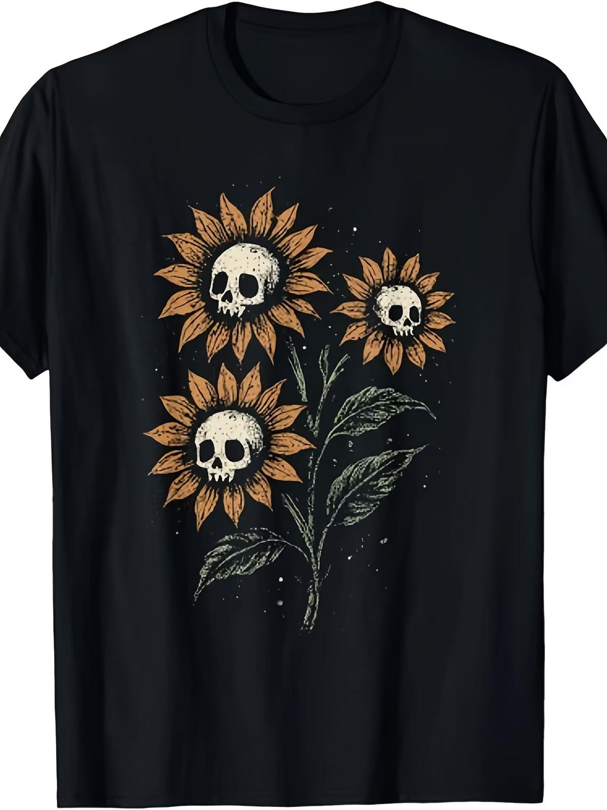 Skull Sunflowers Gothic Goth Creepy Cute Alt Grunge Y2K T Shirt SweaterLightweig S