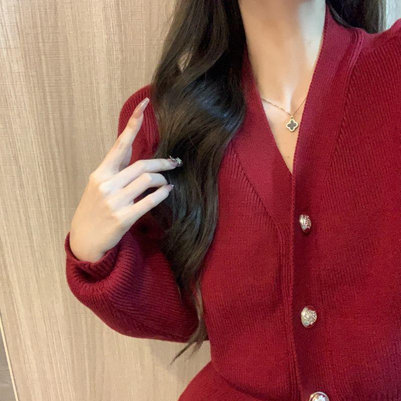 Pulover cardigan mic parfumat franceză aura feminină pulover cu decolteu în V jachetă cu mânecă lungă cu sens de talie pulover top feminin