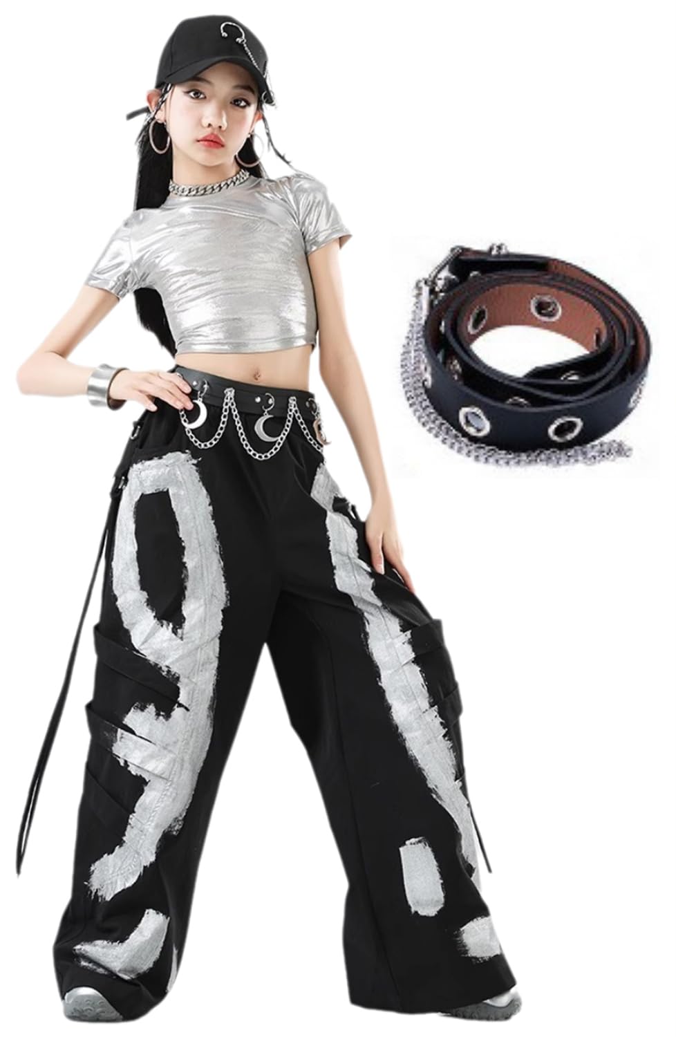 [FLASHOON] Kids Dance Costume, Silver & Black, with Belt, Hip Hop Outfit, Crop Top, Hip Hop Kids Dancewear, Girls  Jazz Dance Pants, Sizes 110-180cm,